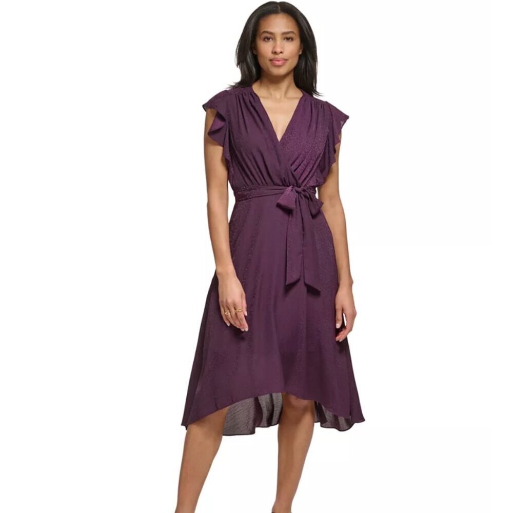 NWT DKNY Purple Flutter Sleeve Belted High-Low Leopard Print Dress, Size 12
